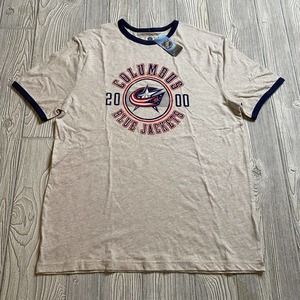 NHL Columbus Blue Jackets Logo Ringer Tee Men’s L Heather Beige Distressed New